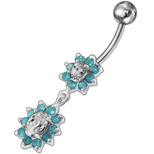 925 Sterling Silver Fancy Double Flowered  Dangling Navel Ring - Monster Piercing