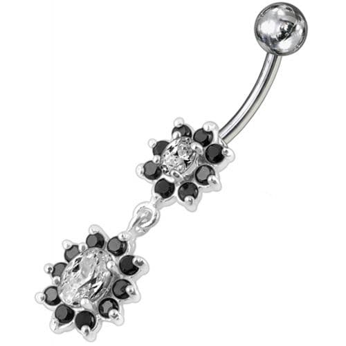 925 Sterling Silver Fancy Double Flowered  Dangling Navel Ring - Monster Piercing