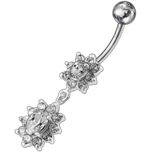 925 Sterling Silver Fancy Double Flowered  Dangling Navel Ring - Monster Piercing