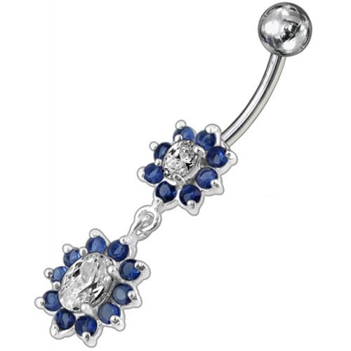 925 Sterling Silver Fancy Double Flowered  Dangling Navel Ring - Monster Piercing