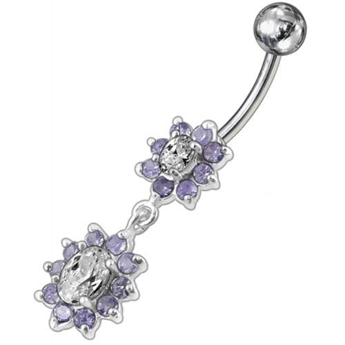 925 Sterling Silver Fancy Double Flowered  Dangling Navel Ring - Monster Piercing