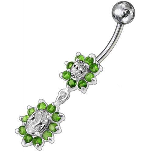 925 Sterling Silver Fancy Double Flowered  Dangling Navel Ring - Monster Piercing