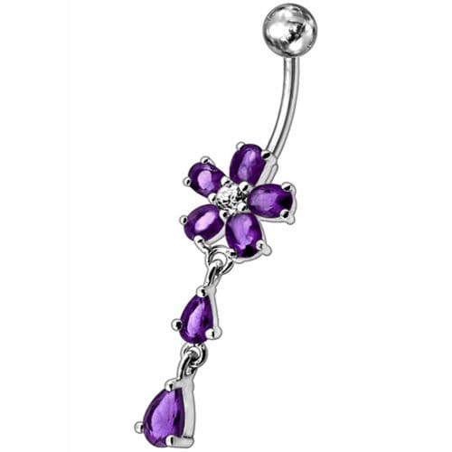 925 Sterling Silver Fancy Jewelled Flower With SS Bar Navel Ring - Monster Piercing