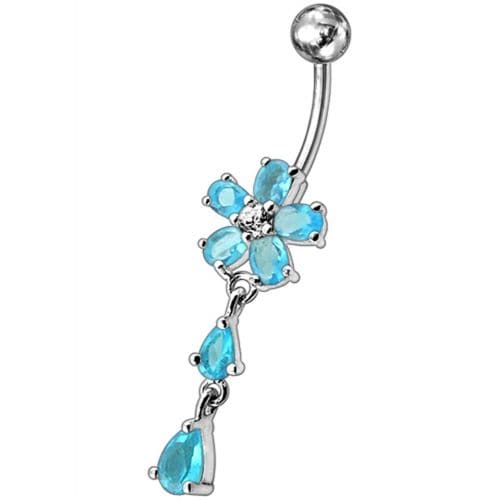925 Sterling Silver Fancy Jewelled Flower With SS Bar Navel Ring - Monster Piercing