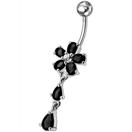 925 Sterling Silver Fancy Jewelled Flower With SS Bar Navel Ring - Monster Piercing