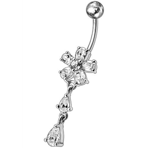 925 Sterling Silver Fancy Jewelled Flower With SS Bar Navel Ring - Monster Piercing