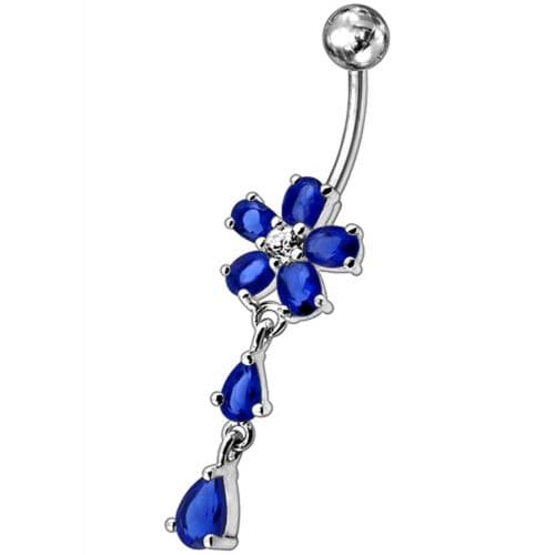 925 Sterling Silver Fancy Jewelled Flower With SS Bar Navel Ring - Monster Piercing