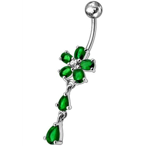 925 Sterling Silver Fancy Jewelled Flower With SS Bar Navel Ring - Monster Piercing