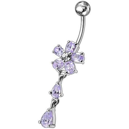 925 Sterling Silver Fancy Jewelled Flower With SS Bar Navel Ring - Monster Piercing
