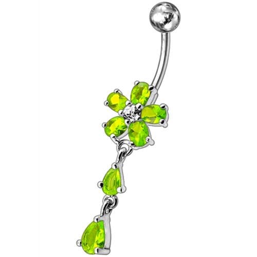 925 Sterling Silver Fancy Jewelled Flower With SS Bar Navel Ring - Monster Piercing