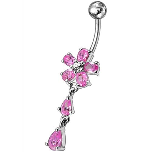 925 Sterling Silver Fancy Jewelled Flower With SS Bar Navel Ring - Monster Piercing