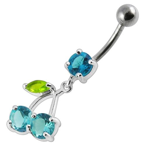 925 Sterling Silver Cherry Jewelled Fancy Dangling Belly Ring With SS Bar - Monster Piercing