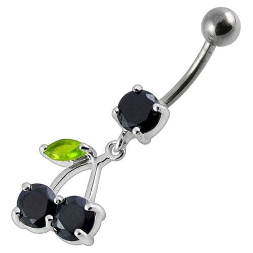 925 Sterling Silver Cherry Jewelled Fancy Dangling Belly Ring With SS Bar - Monster Piercing