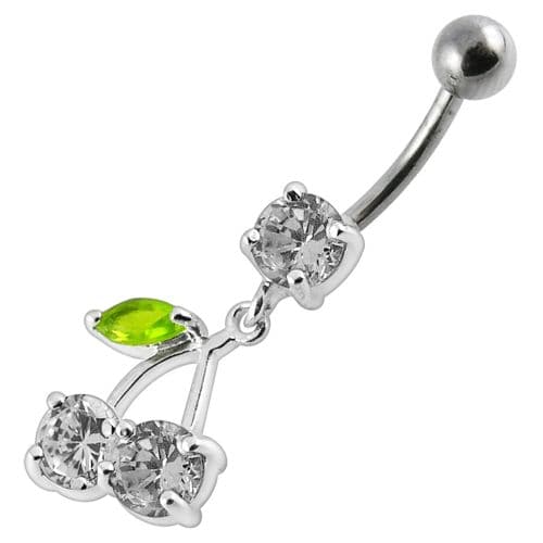 925 Sterling Silver Cherry Jewelled Fancy Dangling Belly Ring With SS Bar - Monster Piercing