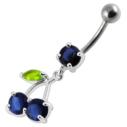 925 Sterling Silver Cherry Jewelled Fancy Dangling Belly Ring With SS Bar - Monster Piercing