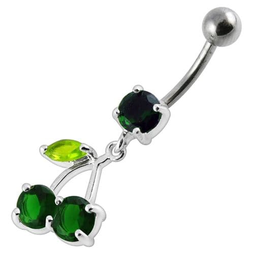 925 Sterling Silver Cherry Jewelled Fancy Dangling Belly Ring With SS Bar - Monster Piercing