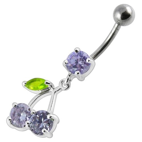 925 Sterling Silver Cherry Jewelled Fancy Dangling Belly Ring With SS Bar - Monster Piercing