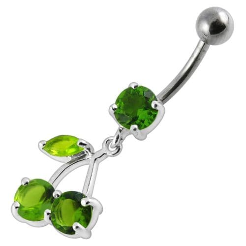 925 Sterling Silver Cherry Jewelled Fancy Dangling Belly Ring With SS Bar - Monster Piercing