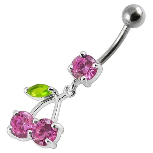 925 Sterling Silver Cherry Jewelled Fancy Dangling Belly Ring With SS Bar - Monster Piercing