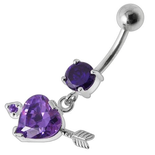 925 Sterling Silver Fancy Jewelled Arrow Heart Dangling Banana Bar Belly Ring - Monster Piercing