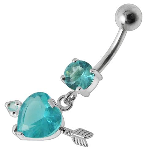 925 Sterling Silver Fancy Jewelled Arrow Heart Dangling Banana Bar Belly Ring - Monster Piercing