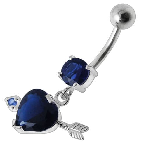 925 Sterling Silver Fancy Jewelled Arrow Heart Dangling Banana Bar Belly Ring - Monster Piercing