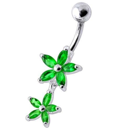 Double Flower Jewelled Dangling Belly Ring - Monster Piercing