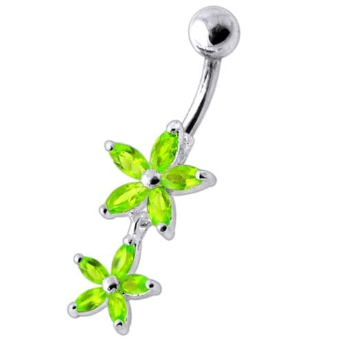 Double Flower Jewelled Dangling Belly Ring - Monster Piercing