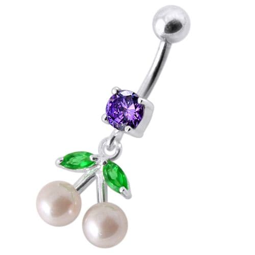 925 Sterling Silver Fancy Mix Jewelled PEARL Dangling With Curved Navel Ring - Monster Piercing