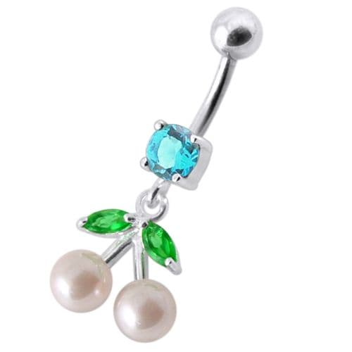 925 Sterling Silver Fancy Mix Jewelled PEARL Dangling With Curved Navel Ring - Monster Piercing