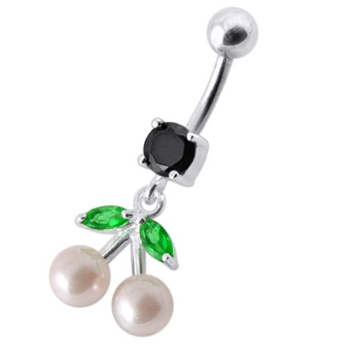 925 Sterling Silver Fancy Mix Jewelled PEARL Dangling With Curved Navel Ring - Monster Piercing