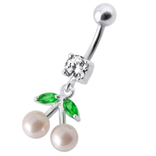 925 Sterling Silver Fancy Mix Jewelled PEARL Dangling With Curved Navel Ring - Monster Piercing