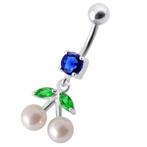 925 Sterling Silver Fancy Mix Jewelled PEARL Dangling With Curved Navel Ring - Monster Piercing