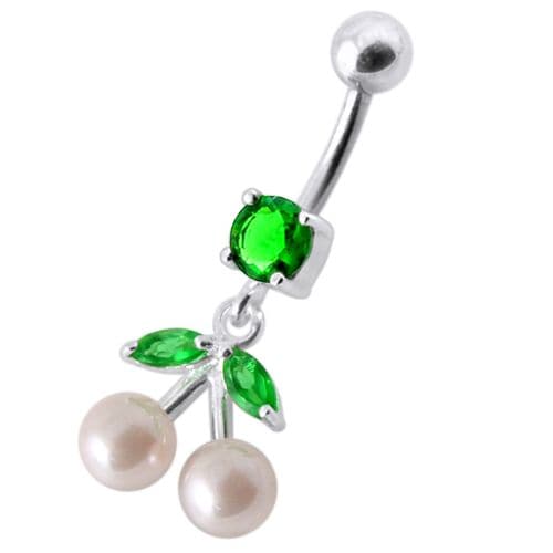 925 Sterling Silver Fancy Mix Jewelled PEARL Dangling With Curved Navel Ring - Monster Piercing