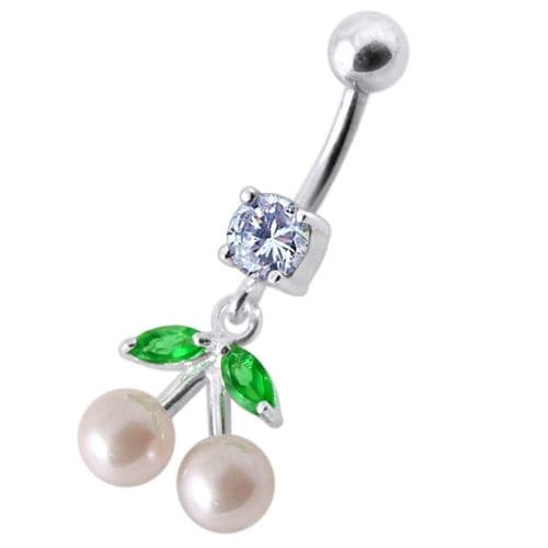 925 Sterling Silver Fancy Mix Jewelled PEARL Dangling With Curved Navel Ring - Monster Piercing
