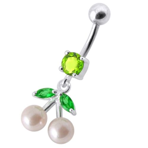 925 Sterling Silver Fancy Mix Jewelled PEARL Dangling With Curved Navel Ring - Monster Piercing