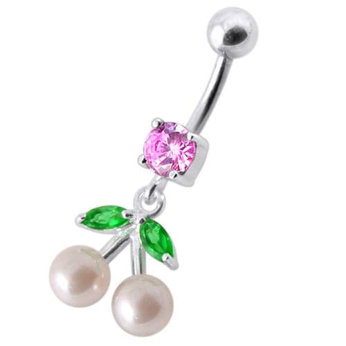925 Sterling Silver Fancy Mix Jewelled PEARL Dangling With Curved Navel Ring - Monster Piercing