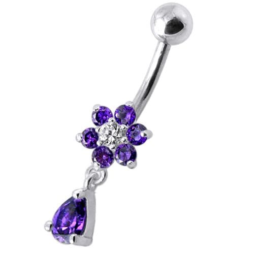 925 Sterling Silver Fancy Flower Silver Dangling With SS Belly Ring - Monster Piercing