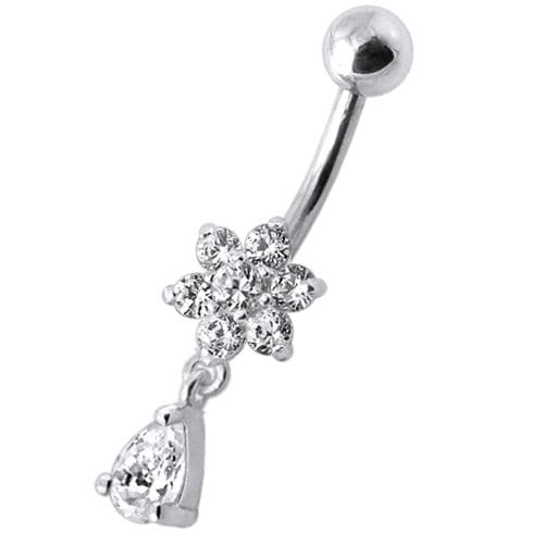 925 Sterling Silver Fancy Flower Silver Dangling With SS Belly Ring - Monster Piercing