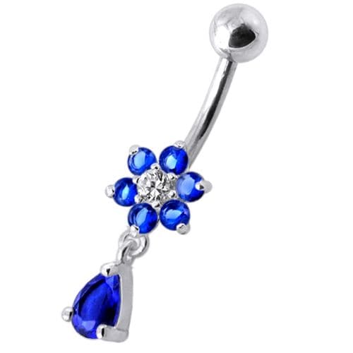925 Sterling Silver Fancy Flower Silver Dangling With SS Belly Ring - Monster Piercing