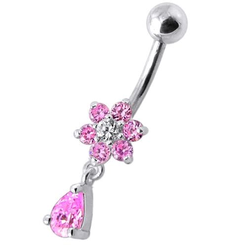 925 Sterling Silver Fancy Flower Silver Dangling With SS Belly Ring - Monster Piercing