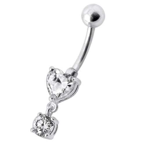 925 Sterling Silver Fancy Heart Shape Jewelled Dangling Navel Ring Body Jewellery - Monster Piercing