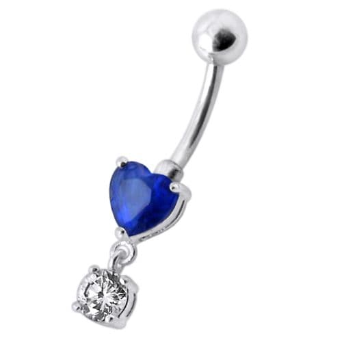 925 Sterling Silver Fancy Heart Shape Jewelled Dangling Navel Ring Body Jewellery - Monster Piercing