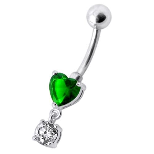 925 Sterling Silver Fancy Heart Shape Jewelled Dangling Navel Ring Body Jewellery - Monster Piercing