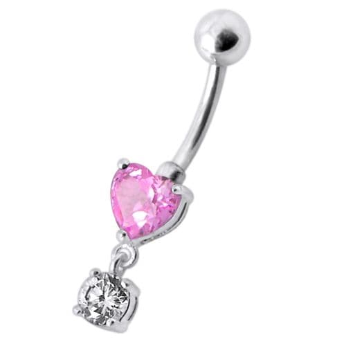 925 Sterling Silver Fancy Heart Shape Jewelled Dangling Navel Ring Body Jewellery - Monster Piercing