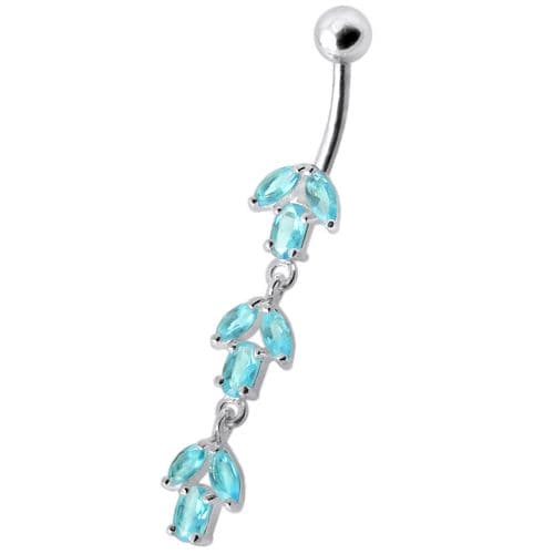 925 Sterling Silver Fancy Multi Stone Jewelled Leaf Dangling Navel Ring - Monster Piercing