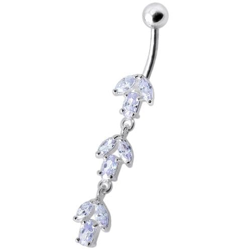 925 Sterling Silver Fancy Multi Stone Jewelled Leaf Dangling Navel Ring - Monster Piercing