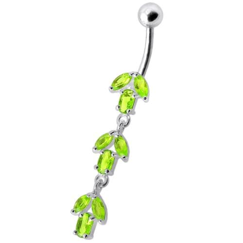 925 Sterling Silver Fancy Multi Stone Jewelled Leaf Dangling Navel Ring - Monster Piercing