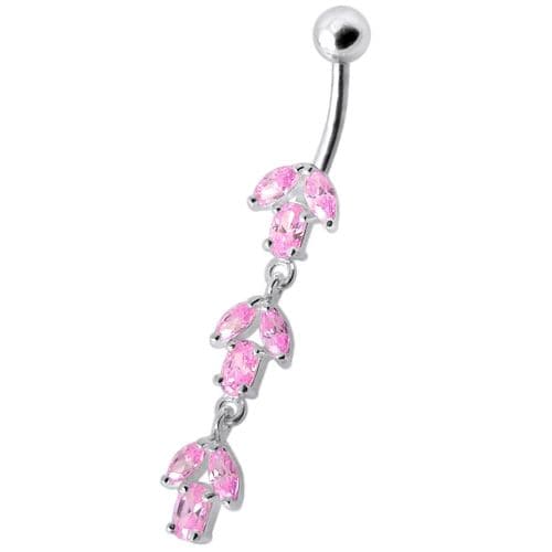 925 Sterling Silver Fancy Multi Stone Jewelled Leaf Dangling Navel Ring - Monster Piercing