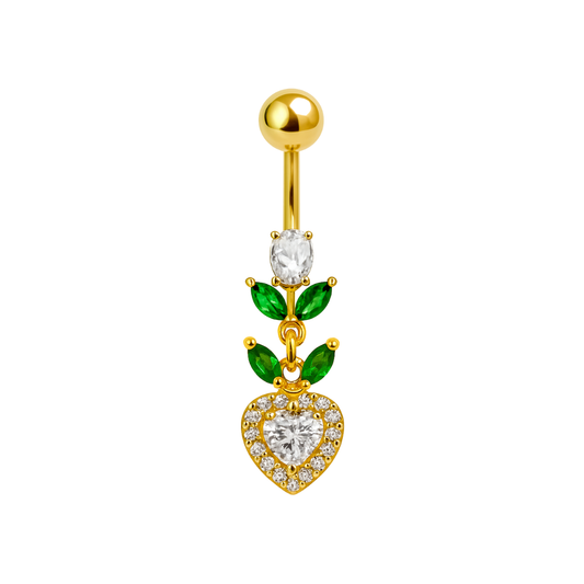 925 Silver Heart Belly Ring in gold plating with CZ stones and green leaf accents. Sterling silver dangling body jewelry for elegant belly piercings.